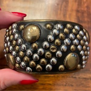 Boho Metal Black Bangle Bracelet with Gold and Circle Circle Studs